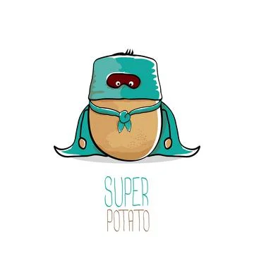 Vector funny cartoon cute brown super hero potato with green hero cape and hero Stock Illustration