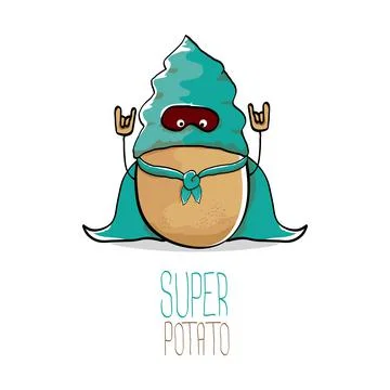 Vector funny cartoon cute brown super hero potato with green hero cape and hero Stock Illustration