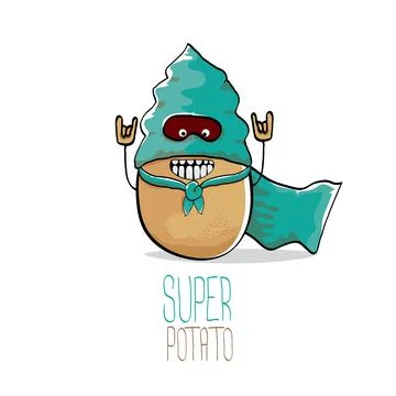 Vector funny cartoon cute brown super hero potato with green hero cape and hero Stock Illustration