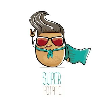 Vector funny cartoon cute brown super hero potato with green hero cape and hero Stock Illustration