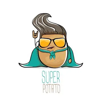 Vector funny cartoon cute brown super hero potato with green hero cape and hero Stock Illustration