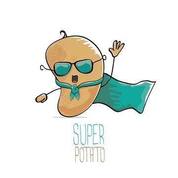 Vector funny cartoon cute brown super hero potato with green hero cape and hero Stock Illustration