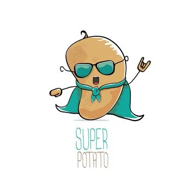 Vector funny cartoon cute brown super hero potato with green hero cape and hero Stock Illustration