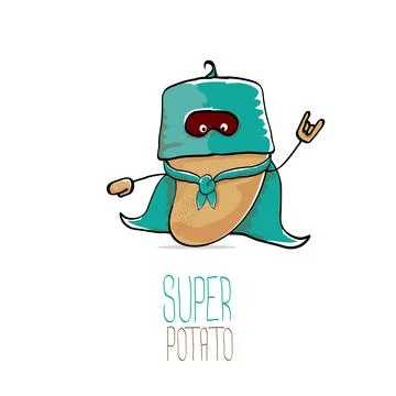 Vector funny cartoon cute brown super hero potato with green hero cape and hero Stock Illustration