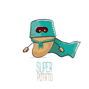 Vector funny cartoon cute brown super hero potato with green hero cape and hero Stock Illustration