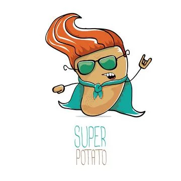 Vector funny cartoon cute brown super hero potato with green hero cape and hero Stock Illustration