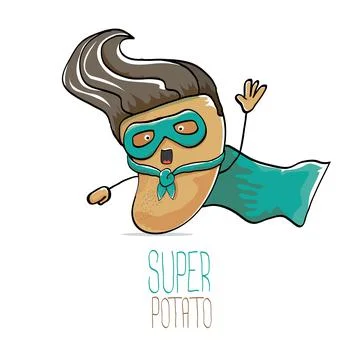 Vector funny cartoon cute brown super hero potato with green hero cape and hero Stock Illustration