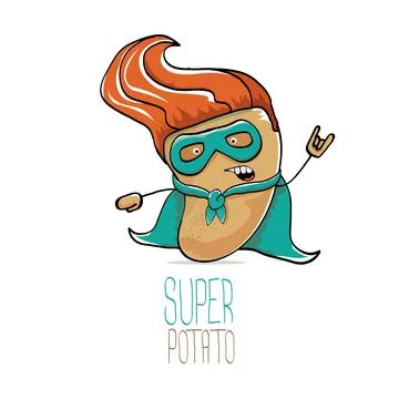 Vector funny cartoon cute brown super hero potato with green hero cape and hero Stock Illustration