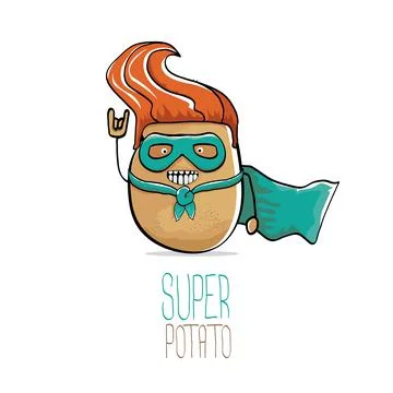 Vector funny cartoon cute brown super hero potato with green hero cape and hero Stock Illustration