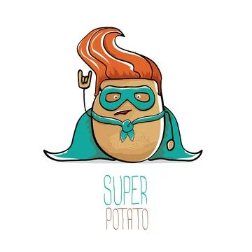 Vector funny cartoon cute brown super hero potato with green hero cape and hero Stock Illustration