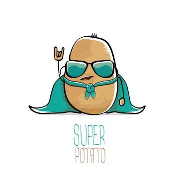 Vector funny cartoon cute brown super hero potato with green hero cape and hero Stock Illustration
