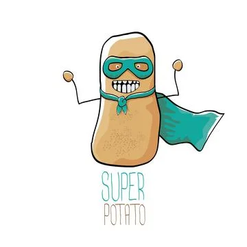 Vector funny cartoon cute brown super hero potato with green hero cape and hero Stock Illustration