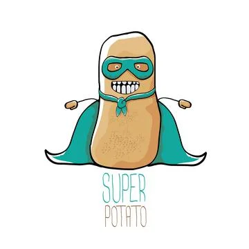 Vector funny cartoon cute brown super hero potato with green hero cape and hero Stock Illustration