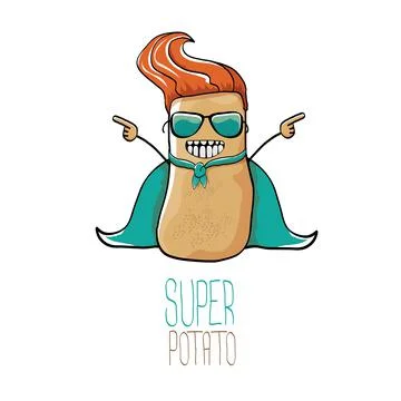 Vector funny cartoon cute brown super hero potato with green hero cape and hero Stock Illustration
