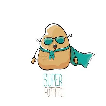 Vector funny cartoon cute brown super hero potato with green hero cape and hero Stock Illustration