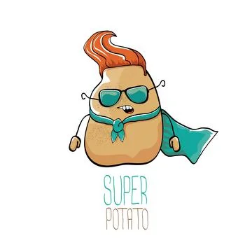Vector funny cartoon cute brown super hero potato with green hero cape and hero Stock Illustration