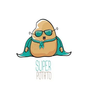 Vector funny cartoon cute brown super hero potato with green hero cape and hero Stock Illustration