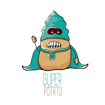Vector funny cartoon cute brown super hero potato with green hero cape and hero Stock Illustration