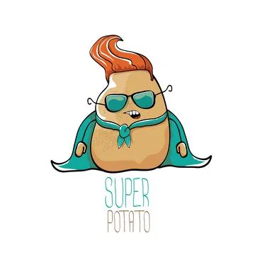 Vector funny cartoon cute brown super hero potato with green hero cape and hero Stock Illustration