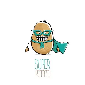 Vector funny cartoon cute brown super hero potato with green hero cape and hero Stock Illustration
