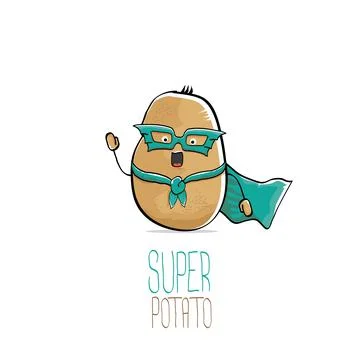 Vector funny cartoon cute brown super hero potato with green hero cape and hero Stock Illustration