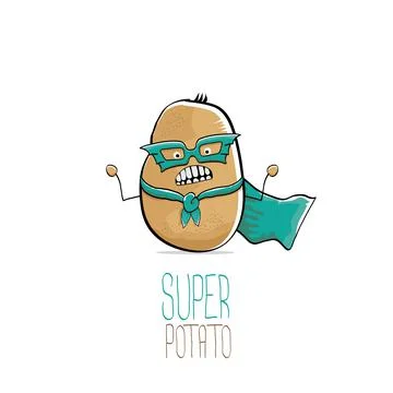 Vector funny cartoon cute brown super hero potato with green hero cape and hero Stock Illustration