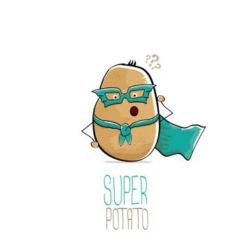Vector funny cartoon cute brown super hero potato with green hero cape and hero Stock Illustration
