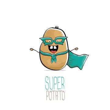 Vector funny cartoon cute brown super hero potato with green hero cape and hero Stock Illustration