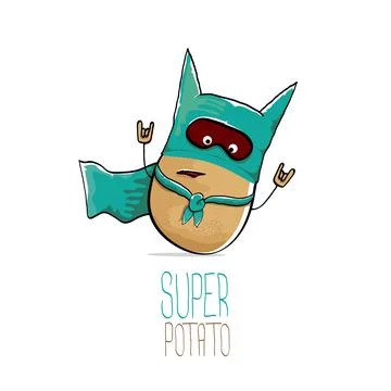 Vector funny cartoon cute brown super hero potato with green hero cape and hero Stock Illustration