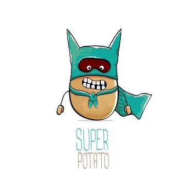Vector funny cartoon cute brown super hero potato with green hero cape and hero Stock Illustration