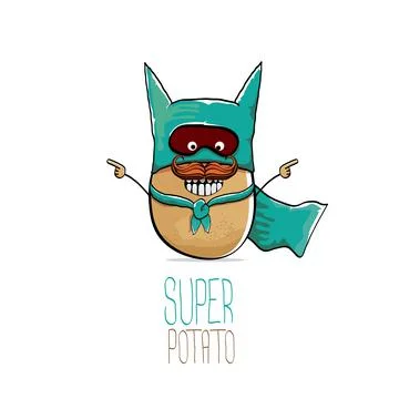 Vector funny cartoon cute brown super hero potato with green hero cape and hero Stock Illustration