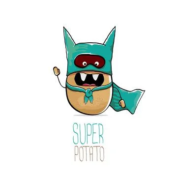 Vector funny cartoon cute brown super hero potato with green hero cape and hero Stock Illustration