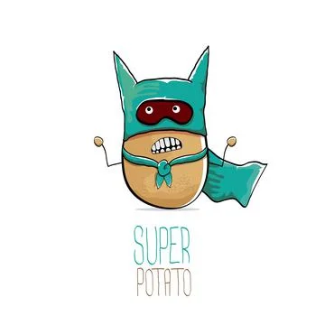 Vector funny cartoon cute brown super hero potato with green hero cape and hero Stock Illustration