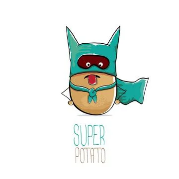 Vector funny cartoon cute brown super hero potato with green hero cape and hero Stock Illustration
