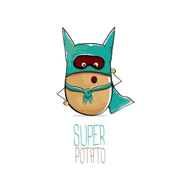 Vector funny cartoon cute brown super hero potato with green hero cape and hero Stock Illustration