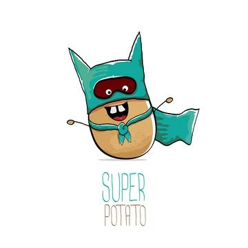 Vector funny cartoon cute brown super hero potato with green hero cape and hero Stock Illustration