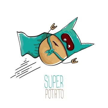 Vector funny cartoon cute brown super hero potato with green hero cape and hero Stock Illustration