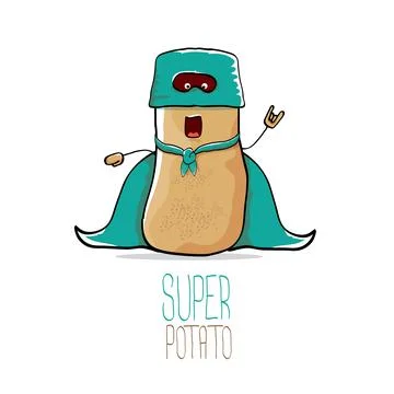 Vector funny cartoon cute brown super hero potato with green hero cape and hero Stock Illustration