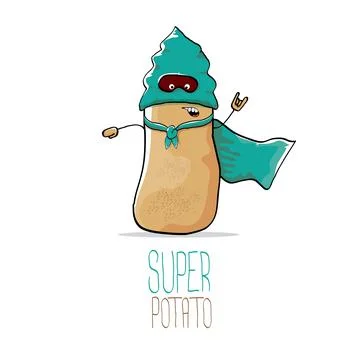 Vector funny cartoon cute brown super hero potato with green hero cape and hero Stock Illustration