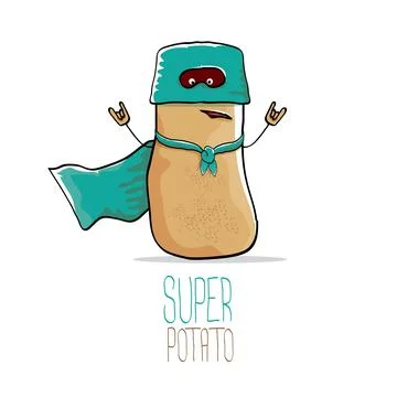 Vector funny cartoon cute brown super hero potato with green hero cape and hero Stock Illustration