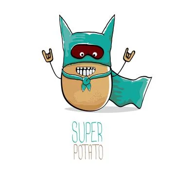 Vector funny cartoon cute brown super hero potato with green hero cape and hero Stock Illustration