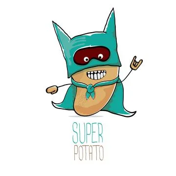 Vector funny cartoon cute brown super hero potato with green hero cape and hero Stock Illustration