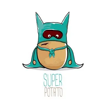 Vector funny cartoon cute brown super hero potato with green hero cape and hero Stock Illustration
