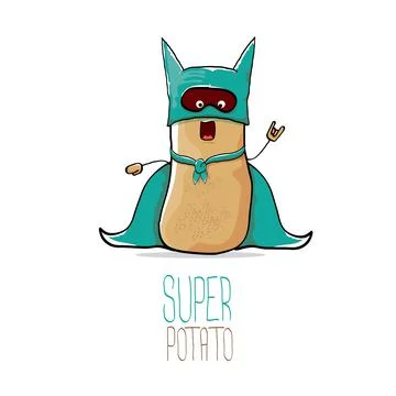 Vector funny cartoon cute brown super hero potato with green hero cape and hero Stock Illustration