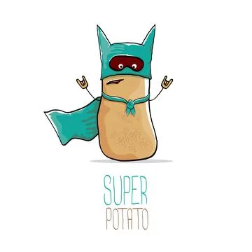 Vector funny cartoon cute brown super hero potato with green hero cape and hero Stock Illustration