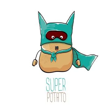 Vector funny cartoon cute brown super hero potato with green hero cape and hero Stock Illustration