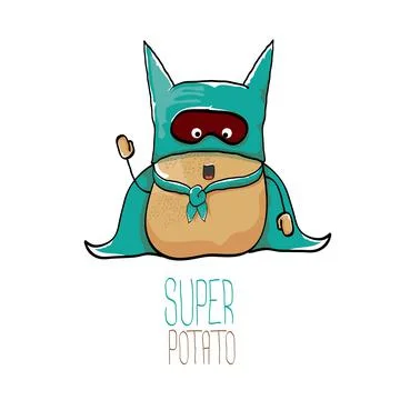 Vector funny cartoon cute brown super hero potato with green hero cape and hero Stock Illustration