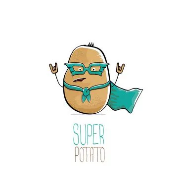 Vector funny cartoon cute brown super hero potato with green hero cape and hero Stock Illustration