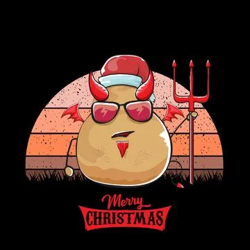 Vector funny cartoon cute demon potato with santa claus red hat, fangs, trident Stock Illustration