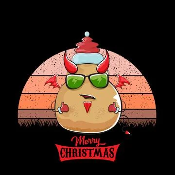 Vector funny cartoon cute demon potato with santa claus red hat, fangs, trident Stock Illustration